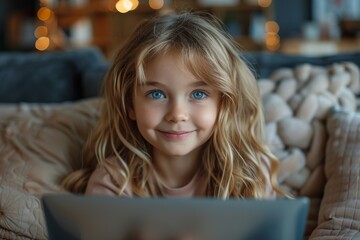 Cute blonde child with striking blue eyes holds a laptop, cozy with a heartwarming smile