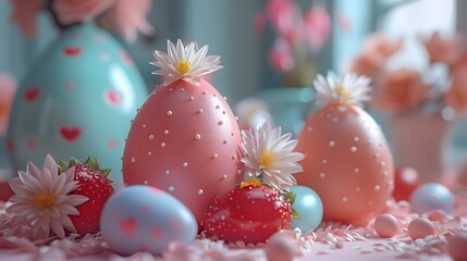 Festive and Colorful Easter Egg Arrangement with Delicate Floral Embellishments and Soft Pastel Background for Spring Celebrations