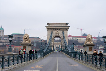 Iconic Szechenyi Chain Bridge in Budapest Hungary. Bridge on the Danube River between Buda and Pest 