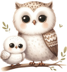 Mother Owl and Owlet Perched on Branch Illustration, a mother owl with her young owlet perched on a branch, surrounded by nature's tranquility.
