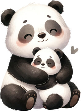 Cherished Panda Embrace - Mother and Cub Illustration, a precious moment of a panda mother hugging her cub, symbolizing love and familial bonds.