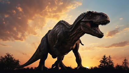 Silhouette of a tyrannosaurus rex at sunset - obrazy, fototapety, plakaty