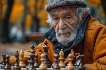 Old man with a beard reflects deeply on his next chess move surrounded by autumn foliage