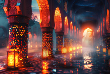 Series of Islamic arches with candles lit inside. Card for Eid Mubarak Ramadan