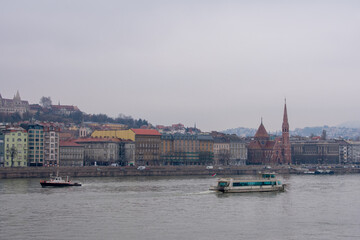 Budapest, Hungary. View over Danube River on Parliament Building, Buda Castle and Matthias Church.