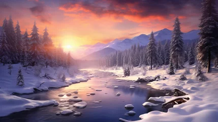 Foto op Plexiglas Beautiful winter landscape with sunset © Marukhsoomro