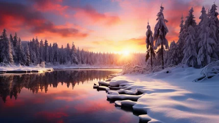 Schilderijen op glas Beautiful winter landscape with sunset © Marukhsoomro