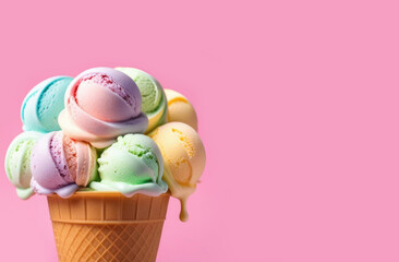 Appetizing ice cream on a pastel background. Ice cream copy space banner