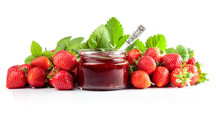 Strawberry jam and fresh berries are isolated on a white background.