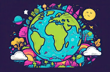 Planet Earth illustration, cartoon, water planet earth, living planet. Save the Planet Concept. Happy Earth Day.