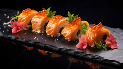 sushi on a black background