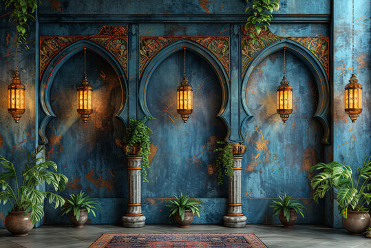 Room with three arched windows and a rug in the middle. Eid Mubarak cards for Muslim Holidays