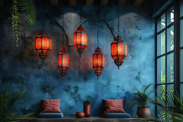 Room with four red lanterns hanging from the ceiling and a blue wall