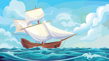 Wooden ship with white sails in sea with waves