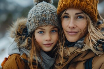 Warm portrait of a mother and daughter, dressed for cold weather, showcasing their similarity and bond