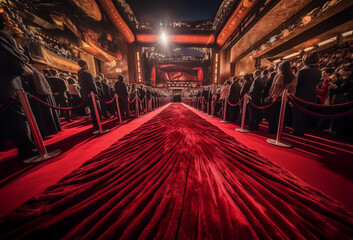 Red carpet. Red carpet and velvet ropes on gala night and for Oscars. - obrazy, fototapety, plakaty
