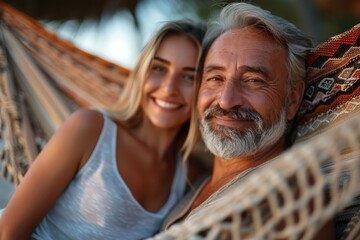Handsome older man and a young woman smiling warmly in a hammock pointing towards the sunset - obrazy, fototapety, plakaty