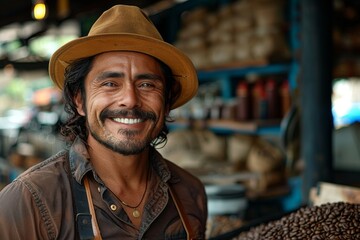 Charismatic craftsman with a moustache and a hat flashing a joyful smile in his rustic market shop - obrazy, fototapety, plakaty