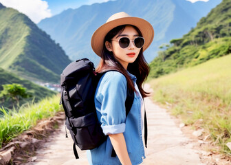 A cute girl smiling  with sunglass and a backpack on mountain background in summer 