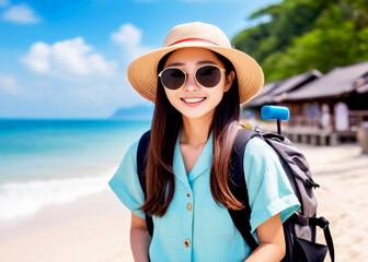 A cute girl smiling  with sunglass and a backpack on mountain background in summer 