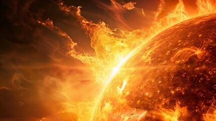 close up of burning sun with fire flames reaching into space - obrazy, fototapety, plakaty