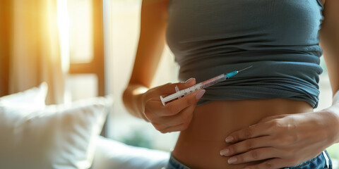 Closeup-up woman holding an injection syringe and preparing to get a shot in her stomach to prepare for eco.