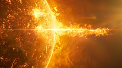 close up of sun with ranging burning fires and flames reaching into space - obrazy, fototapety, plakaty