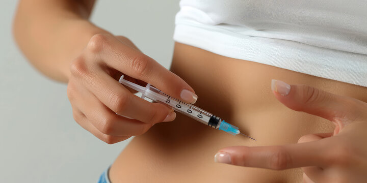 Closeup-up woman holding an injection syringe and preparing to get a shot in her stomach to prepare for eco, copy space.