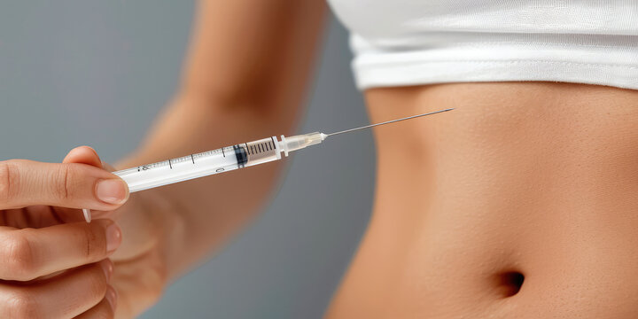 Closeup-up woman holding an injection syringe and preparing to get a shot in her stomach to prepare for eco.