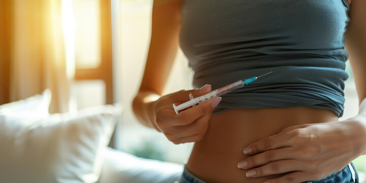 Closeup-up woman holding an injection syringe and preparing to get a shot in her stomach to prepare for eco.
