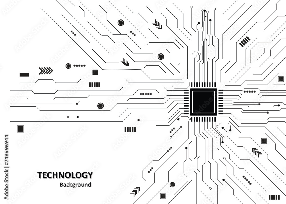Wall mural black circuit diagram on white background. high-tech circuit board connection system. central comput