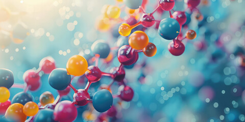 Abstract Molecular Structure Representation. 3D illustration of colorful molecules representing amino acids, with a soft-focus background.