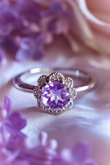Elegant Amethyst Ring on Natural Backdrop. Close-up of a polished amethyst gemstone set in a sleek silver ring, copy space.