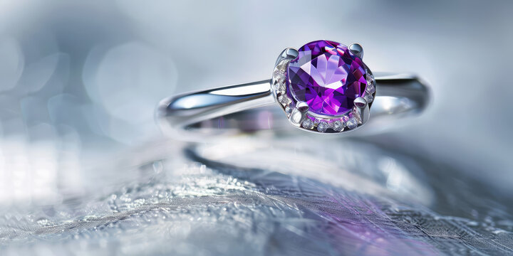 Elegant Amethyst Ring on Natural Backdrop. Close-up of a polished amethyst gemstone set in a sleek silver ring, copy space.