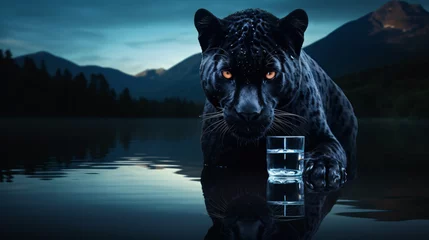 Poster Im Rahmen  Black panther drinking water in a lake reflection © Marukhsoomro