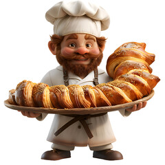 A 3D animated cartoon render of a happy cartoon baker holding a tray of freshly baked rugelach.