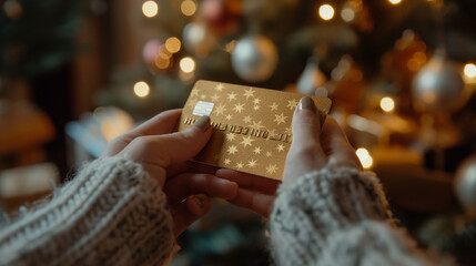 Fototapeta na wymiar Holiday shopping made elegant with a sparkly gold credit card amidst Christmas presents and twinkling light