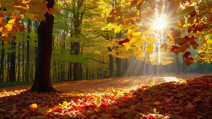 Naklejka na ściany i meble Nature's Canvas: Autumn's Splendor with Colorful Falling Leaves