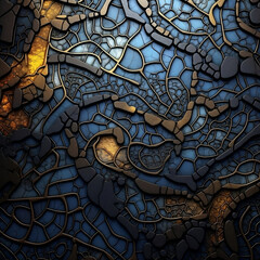 Fractals on scaly surfaces, in the style of dark gold and indigo, earthy textures, stone, intricately sculpted, burned/charred, 1:1.