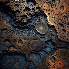 Fractals on scaly surfaces, in the style of dark gold and indigo, earthy textures, stone, intricately sculpted, burned/charred, 1:1.