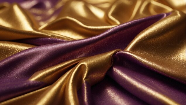 Luxury purple and golden silk fabric background. Elegant satin cloth texture banner