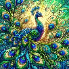 Fototapeta premium Detailed Peacock with Spread Tail, close-up view of a peacock's elaborate and detailed tail spread out, wildlife-themed designs, or any creative endeavor that seeks to showcase the majestic