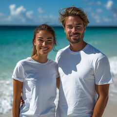 A couple boyfriend and girlfriend wearing blank white matching t-shirts mockup for design template,  white tshirt mockup