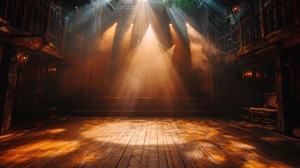 Stage With Wooden Floor and Beams of Light - obrazy, fototapety, plakaty