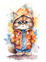 Watercolor drawing with funny persian cat in raincoat. Cute kitten illustration.