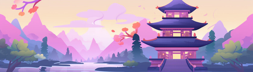 A cartoon illustration of a Japanese pagoda with a cute and colorful design set in a tranquil landscape Game assets feminist art low poly blacklight