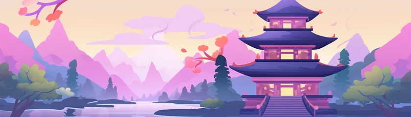 Cercles muraux Chambre denfants A cartoon illustration of a Japanese pagoda with a cute and colorful design set in a tranquil landscape Game assets feminist art low poly blacklight