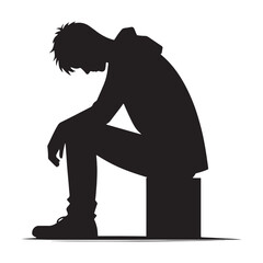 Solitude's Shadow: Vector Sad Man Silhouette - Expressing the Weight of Emotion in Minimalistic Form. depressed man vector, sad person illustration.