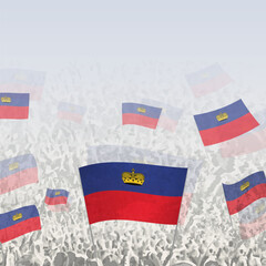 Crowd of people waving flag of Liechtenstein square graphic for social media and news.