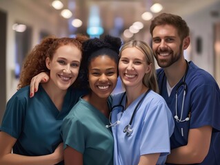 A diverse group of healthcare professionals smiling in a hospital corridor